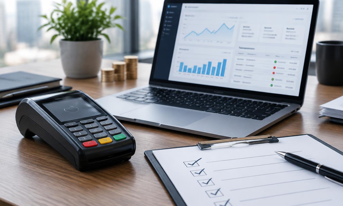 Secure payment terminal and merchant account approval checklist on a business desk
