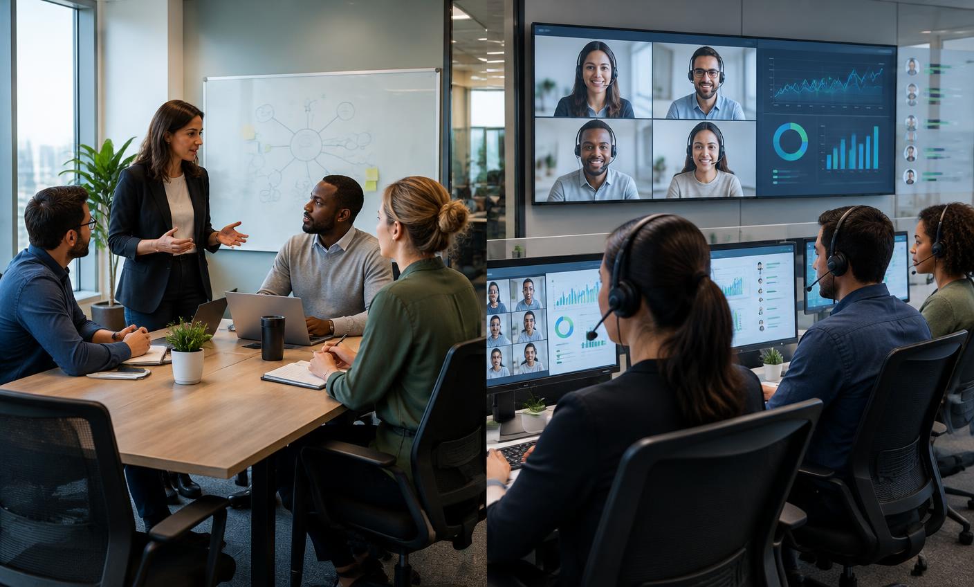 Operations team comparing in-house and outsourced call center models