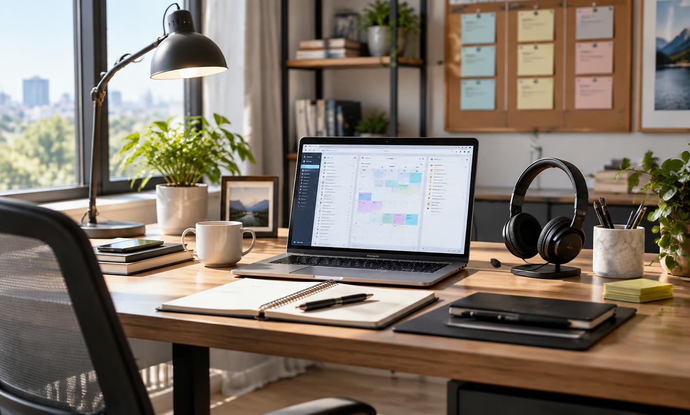 Modern virtual assistant workspace with calendar, task board, headset and laptop dashboard